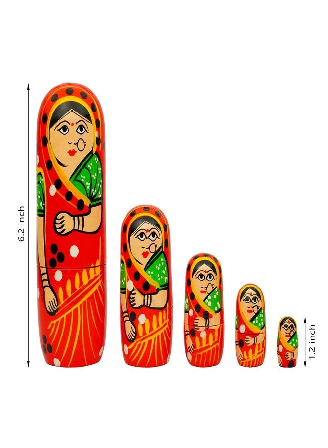 Toolart® Set of 5Pcs Hand Painted Cute Wooden Russian Matryoshka Stacking Nested Wood Dolls Red - Image 2